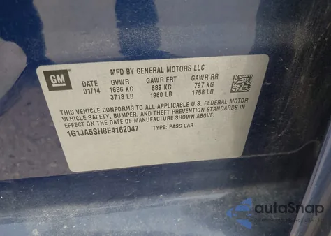 2014 Chevrolet Sonic Ls Auto из США, поврежденный, VIN 1G1JA5SH8E4162047